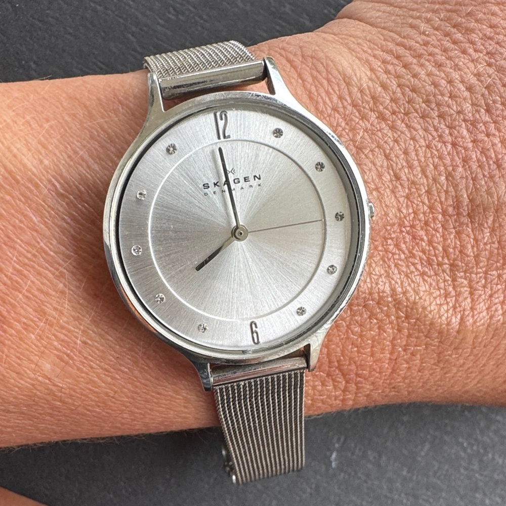 Skagen Silver Sunburst Dial Women's Watch with Mesh Band